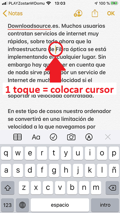 como colocar un cursor en el texto de iPhone