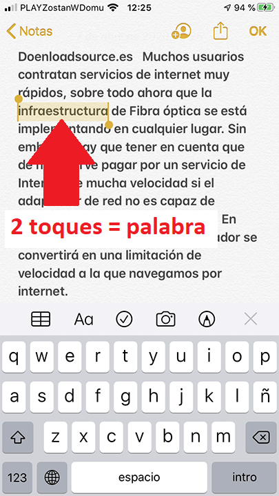 como seleccionar una palabra en el texto de iPhone 