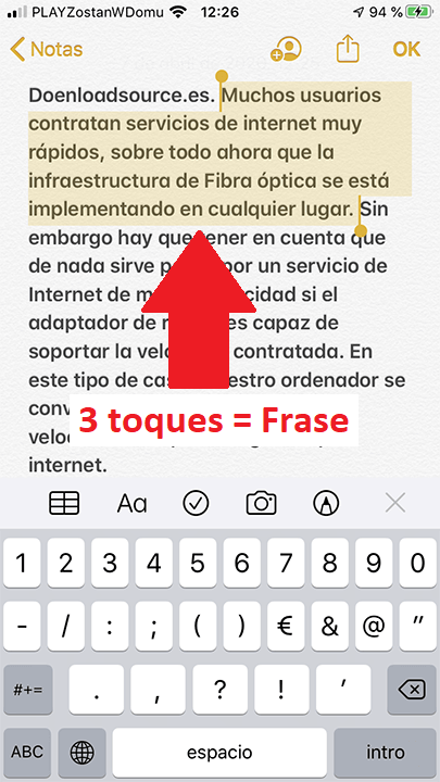 como seleccionar una frase en el texto de iPhone 