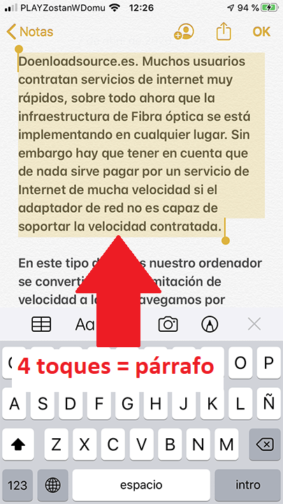 como seleccionar un parrafo en el texto de iPhone 