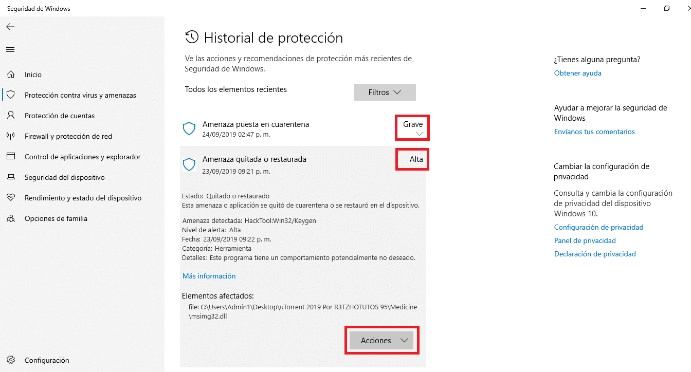 Windows defender elimina los archivos .EXE de Windows 10