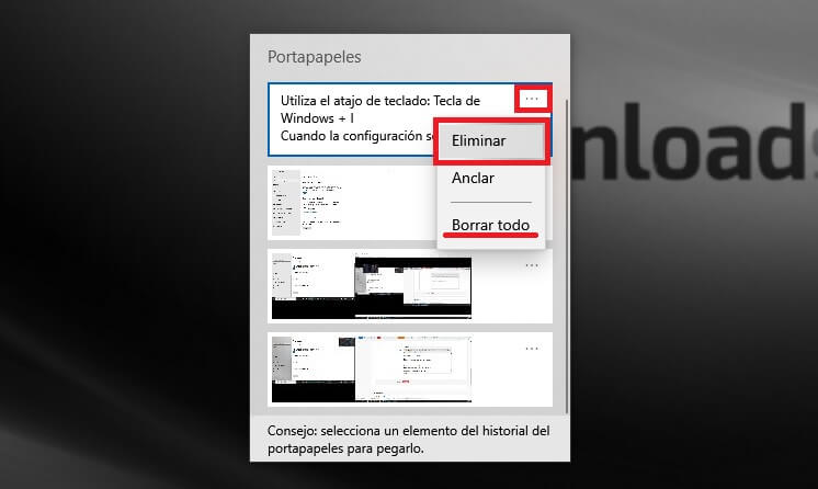 como eliminar el portapapeles de windows 10