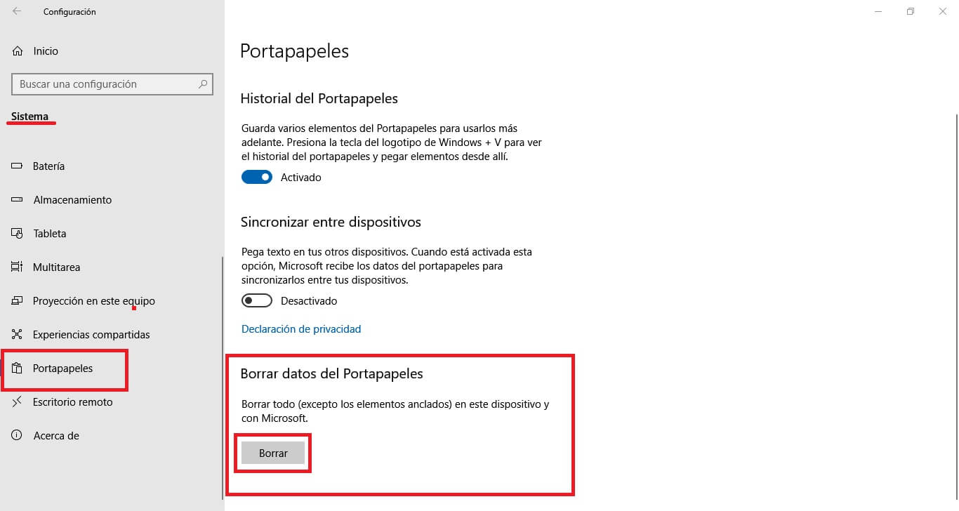 borrar el historial de portapapeles de windows 10