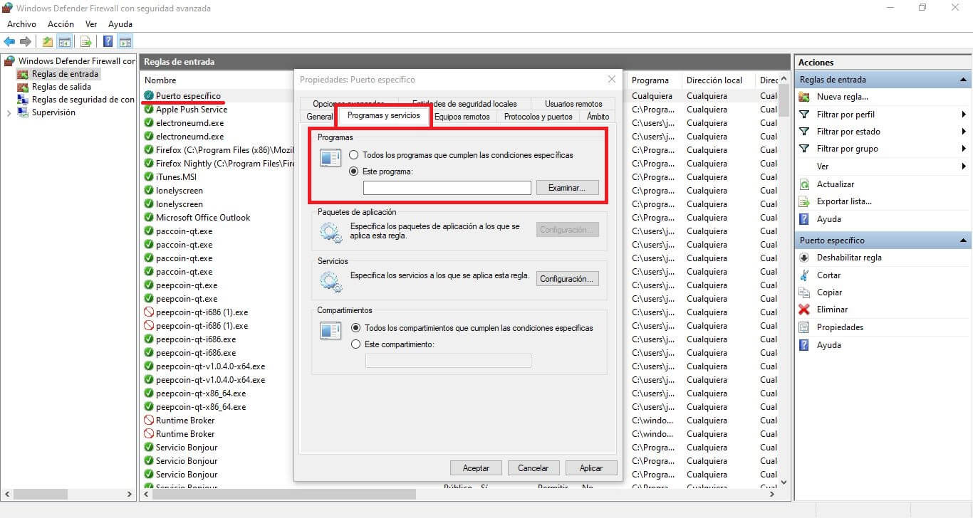 puerto especifico redireccionado a un programa de windows 10