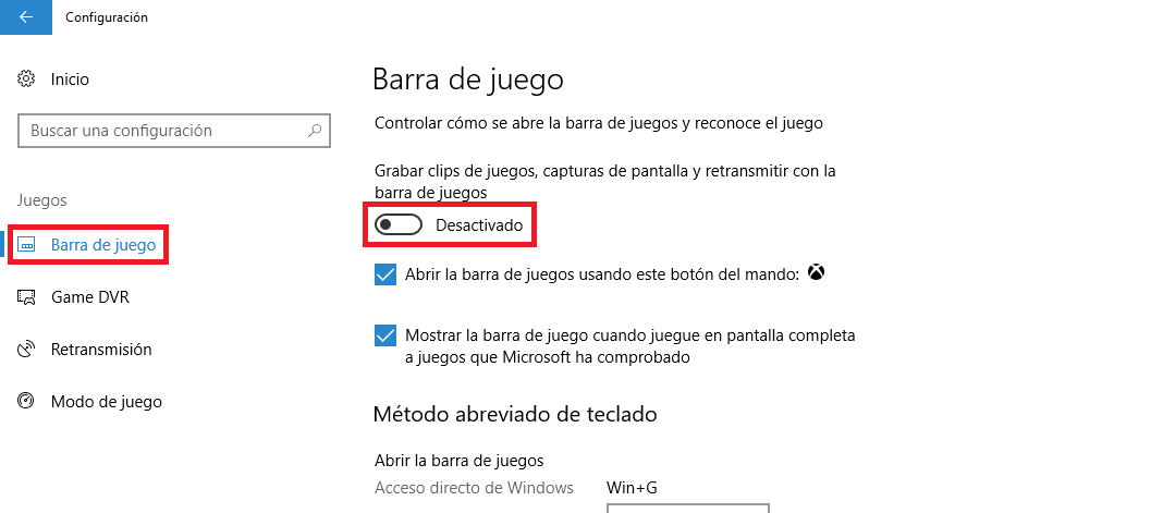 desactivar la barra de Juego en Windows 10 Creators y su modo juego