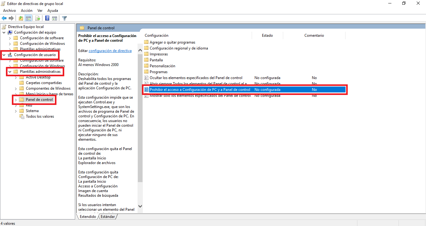 deshabilitar la configuración y el panel de control en Windows 10 para que no este accesible
