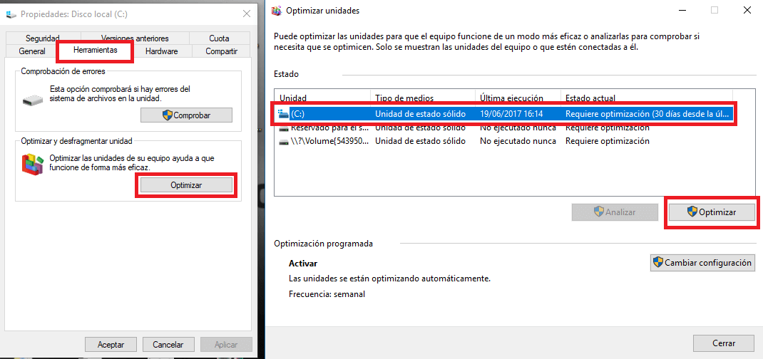 usar la herramienta de desfragmentar el disco duro de Windows 10