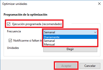 Programar la desfragmentacion del disco duro de Windows 10