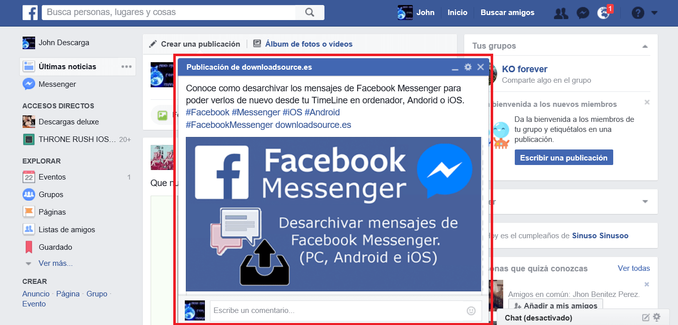 Publicaciones de Facebook en pestañas junto al chat