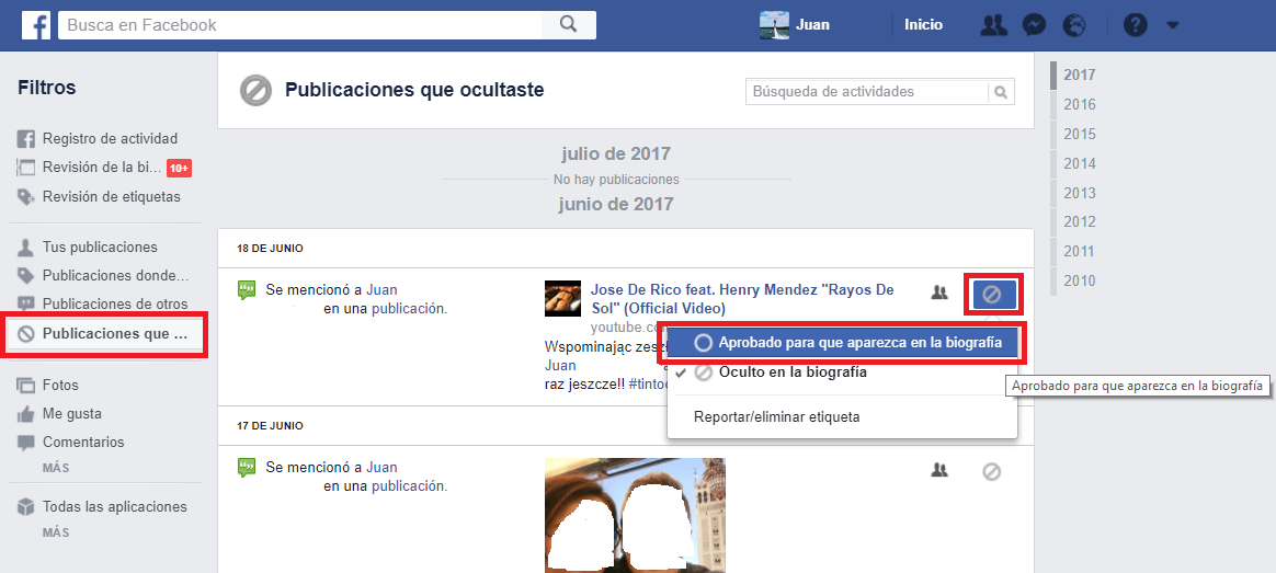 ocultar publicaciones de tu biografia de Facebook