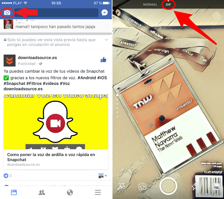 crear y publicar Gif desde la app Facebook de Android e iOS desde la funcion de camara