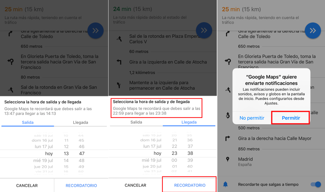 como activar el recordatorio de salida de tu ruta en Google Maps