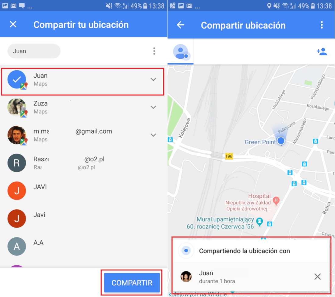 como compartir tu ubicación en tiempo real de Google maps con cualquiera de tus contactos