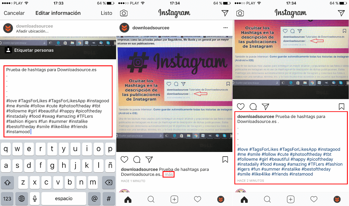 evitar que se vean los hashtags en las descripciones de tus fotos o videos de Instagram