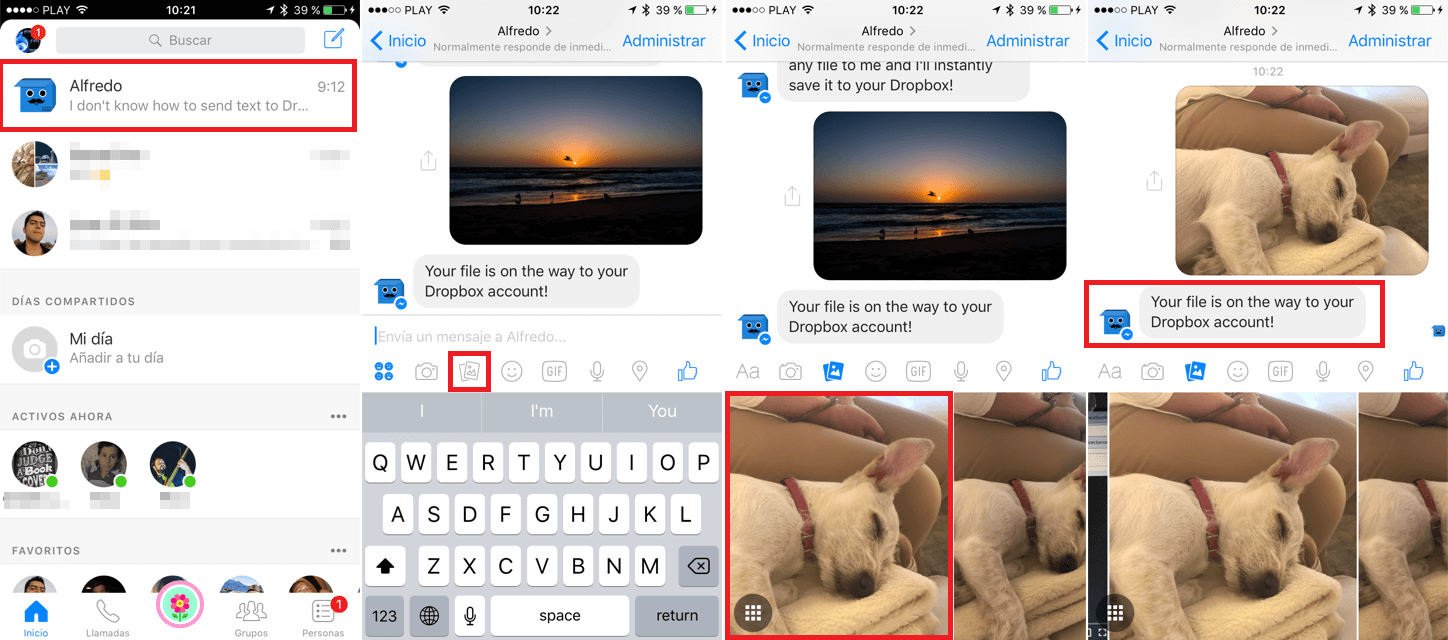 transferir archivos desde telefonos Android y iPhone usando messenger y enviandolos a Dropbox