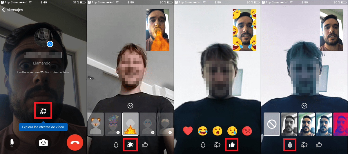 aplicar filtros, máscaras y reacciones en la app Facebook messenger de iOS y Android