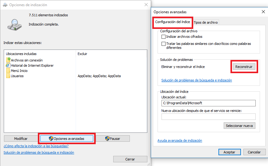 evitar que archivos y carpetas aparezca en los resultados de busqueda de Windows 10