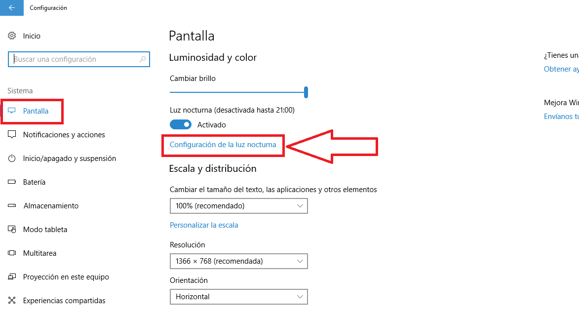 Modo luz nocturna en Windows 10