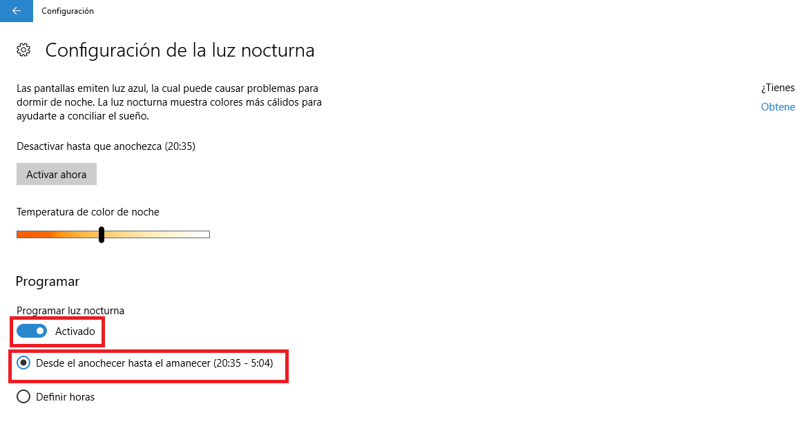 Programar el modo de luz nocturna en Windows 10