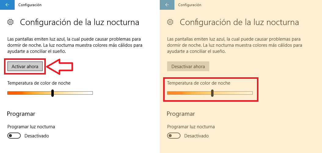 Modo Night light en windows 10