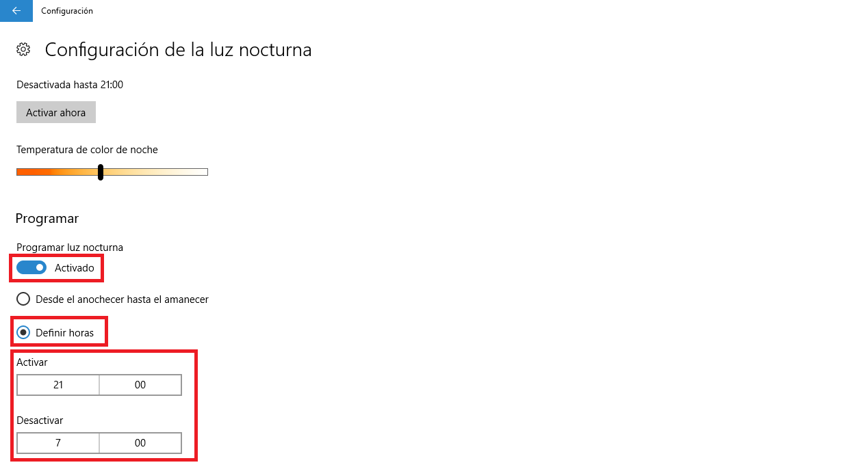 Programar Luz nocturna en Windows 10