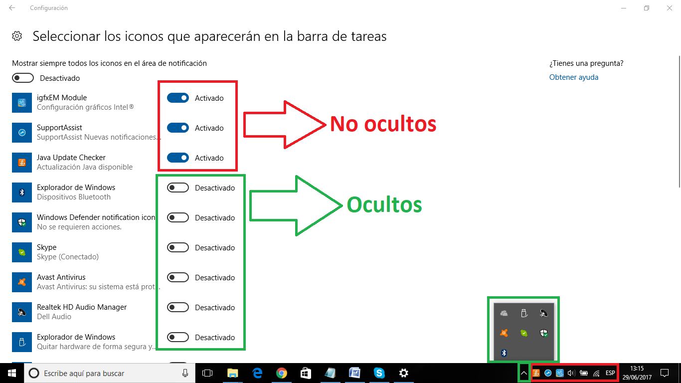 acceder a la configuración de iconos en el area de notificaciones para ocultarlos