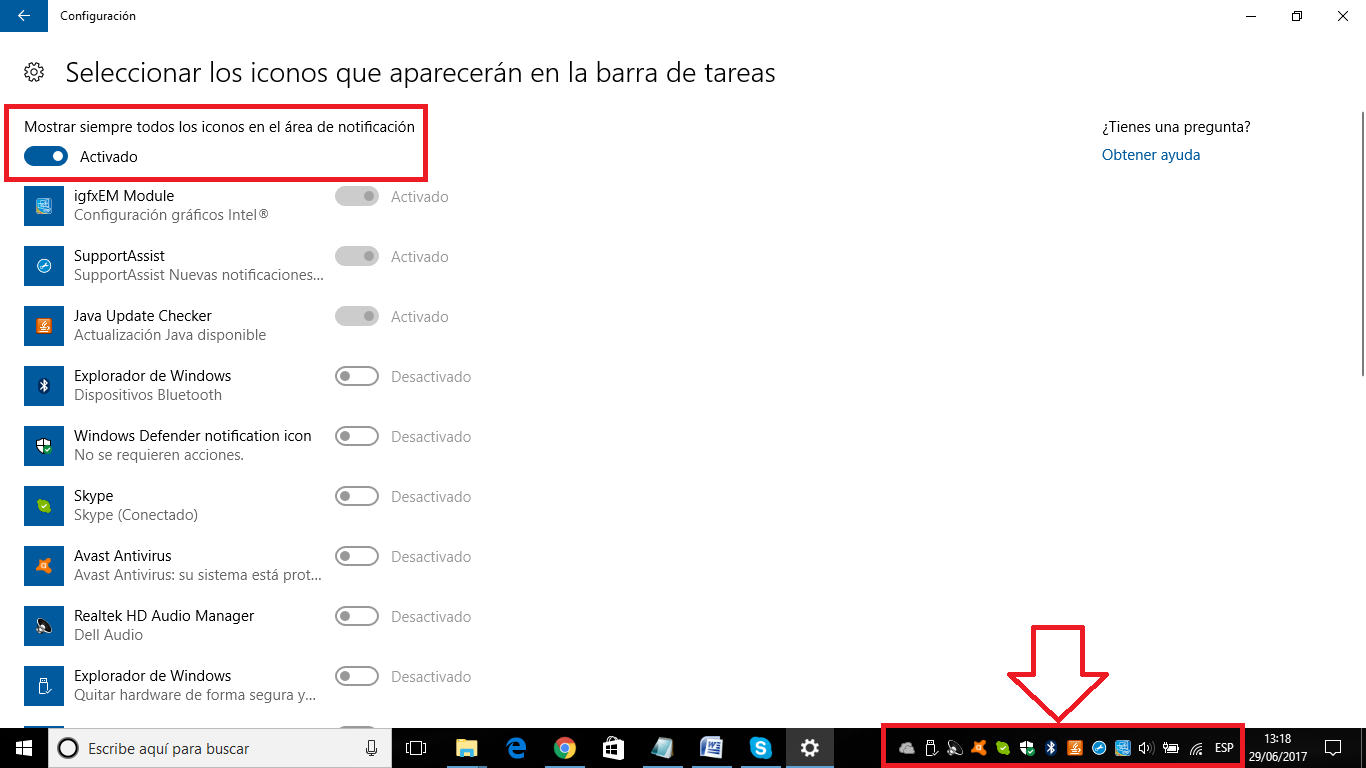 Mostrar todos los iconos en el área de notificaciones de la barra de tareas.