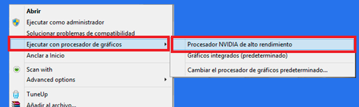 ejecutar con procesador de graficos, procesador Nvidia de alto rendimiento