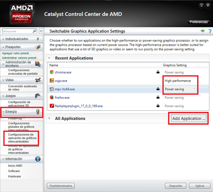  Configuración de aplicación de gráficos intercambiables en tarjeta grafica AMD en Windows