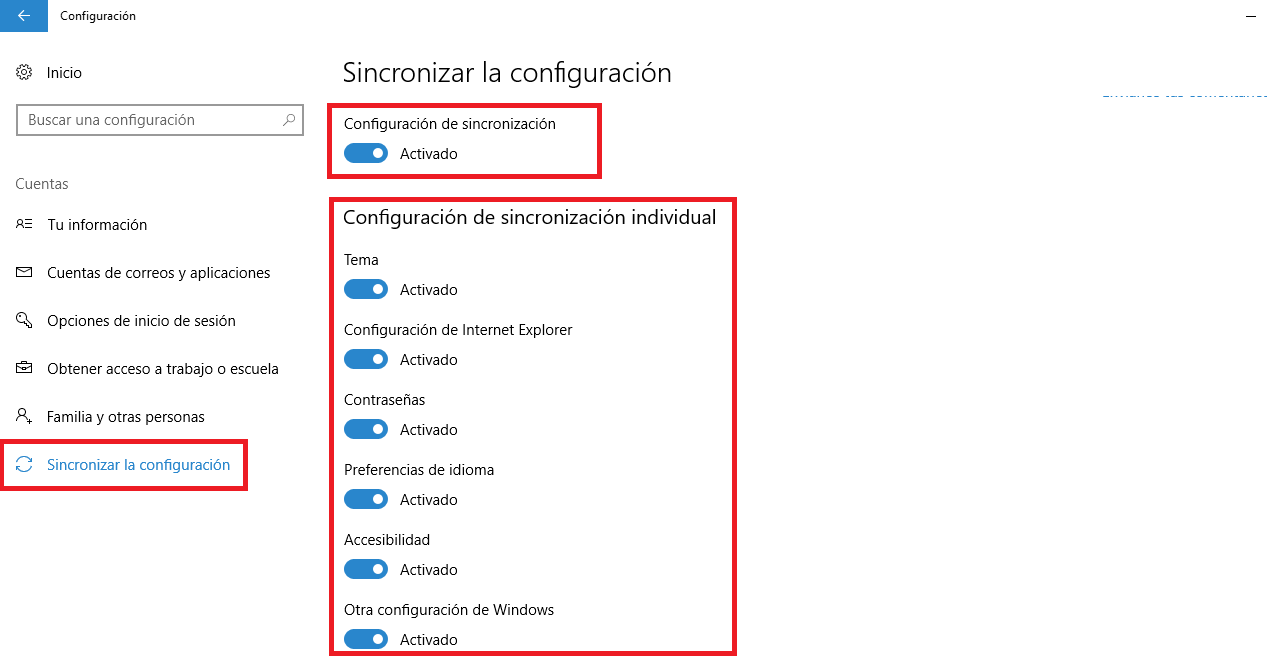 sincronizar la configuración con cualquier ordenador con Windows 10 usando tu cuenta de usuario Microsoft