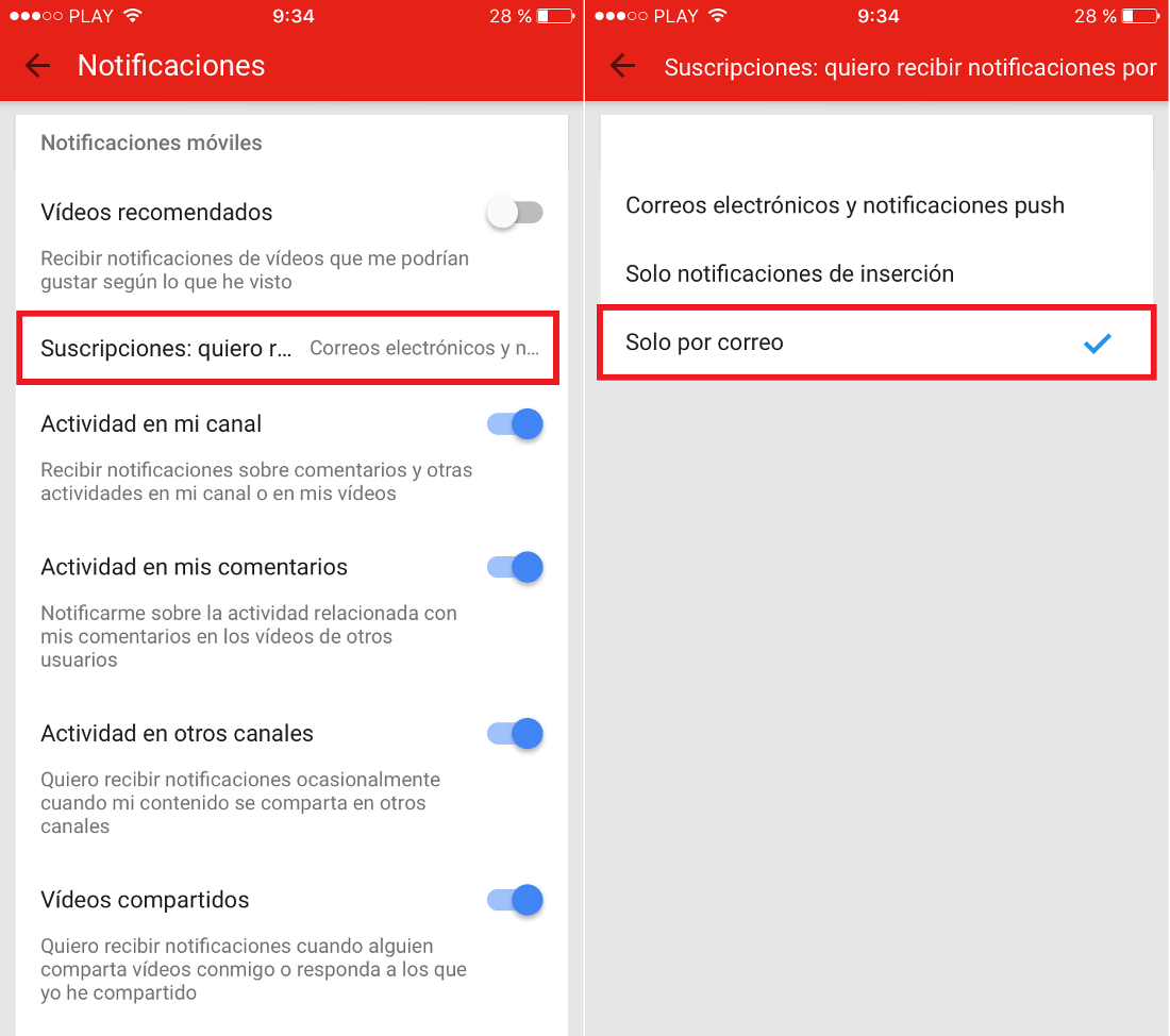 deshabilitar notificaciones de novedades de canales de youtube seguidos