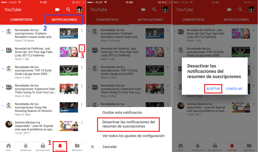 dejar de recibir las notificaciones de resumen de los canales de youtube seguidos