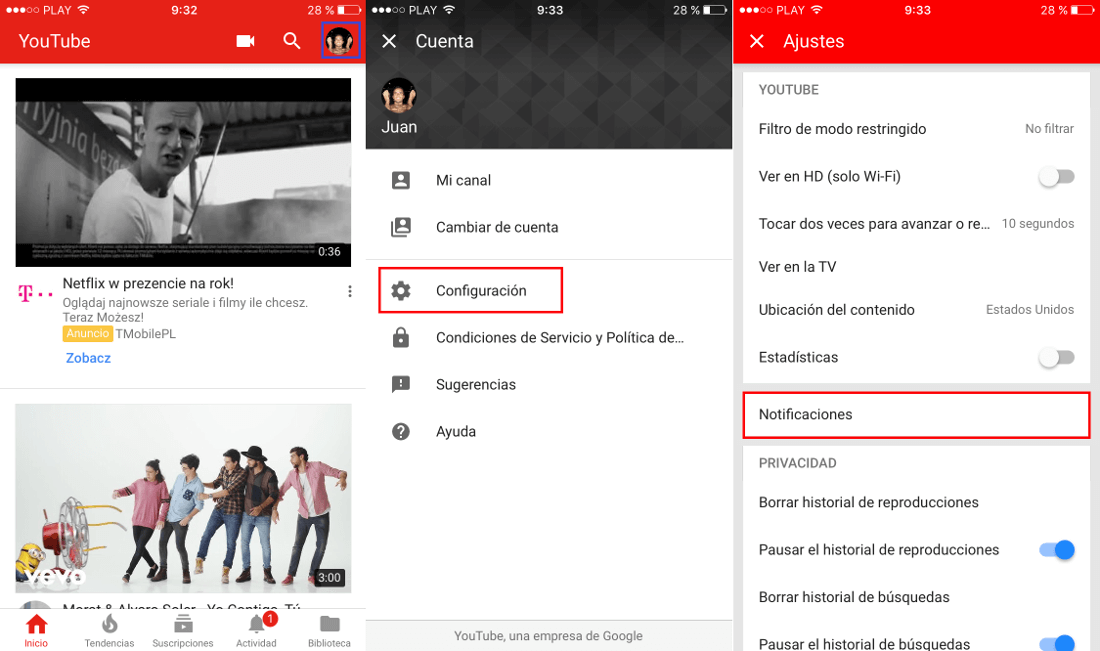 desactivar notificaciones de Youtube de actividad en canales suscritos