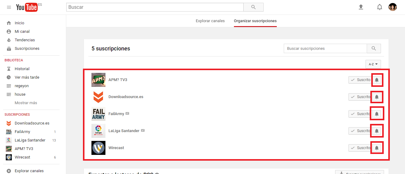 no mostrar las notificaciones de Youtube en los canales suscritos