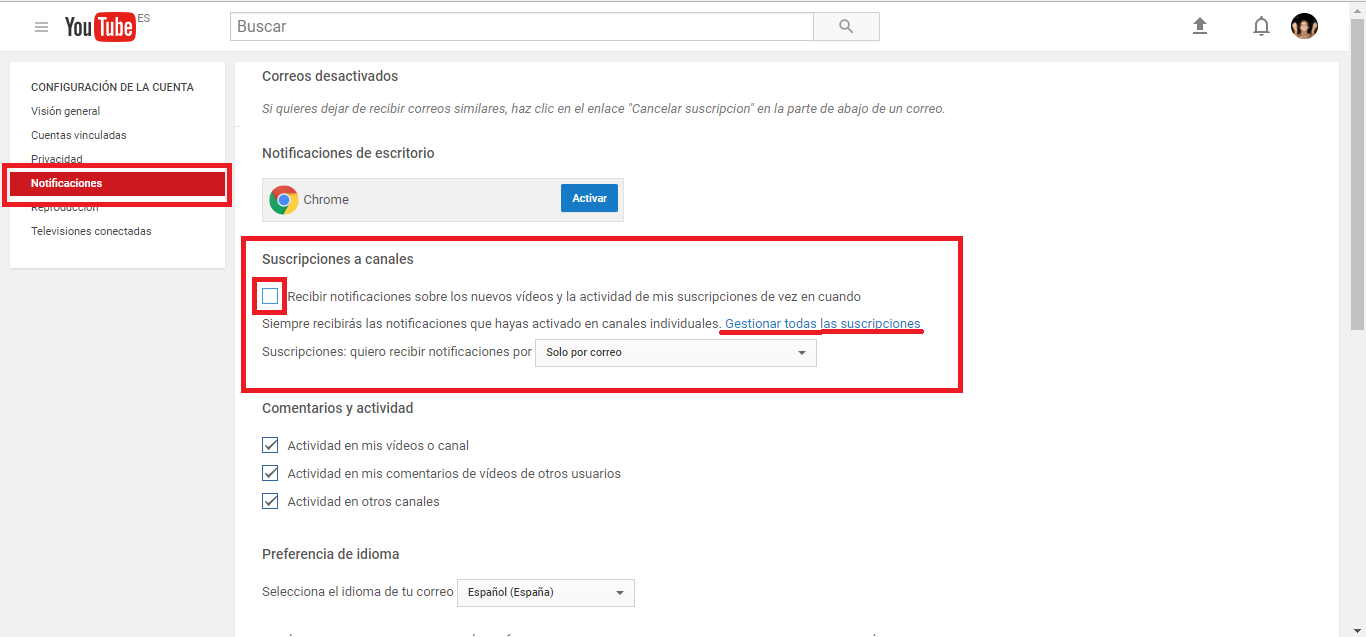 desactivar la notificación de videos resumen de los canales de youtube a los que estamos suscritos