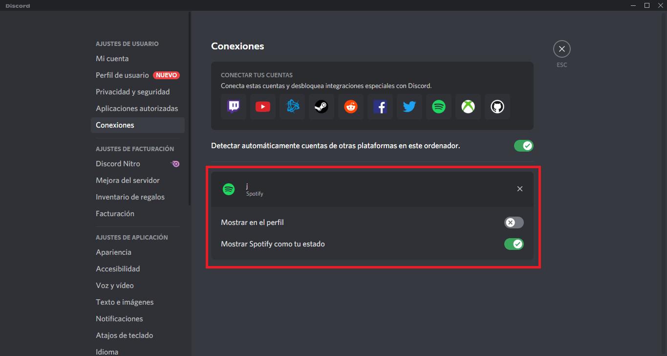 conectar tu cuenta de spotify con Discord para hacer mostrar que estás escuchando