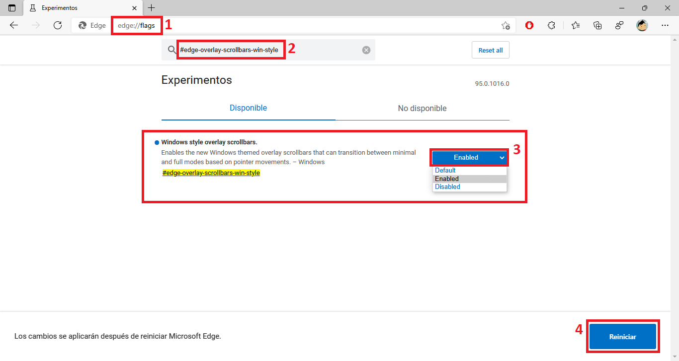 como activar la barra de desplazamiento delgada en el navegador microsoft Edge