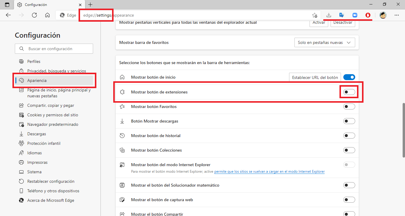 como activar o desactivar el menu de extensiones en microsoft edge