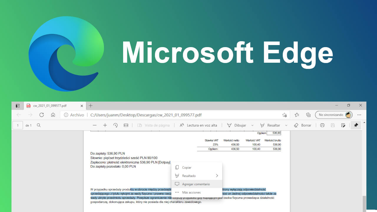 como activar el menu de seleccion de texto en archivo pdf abierto con edge