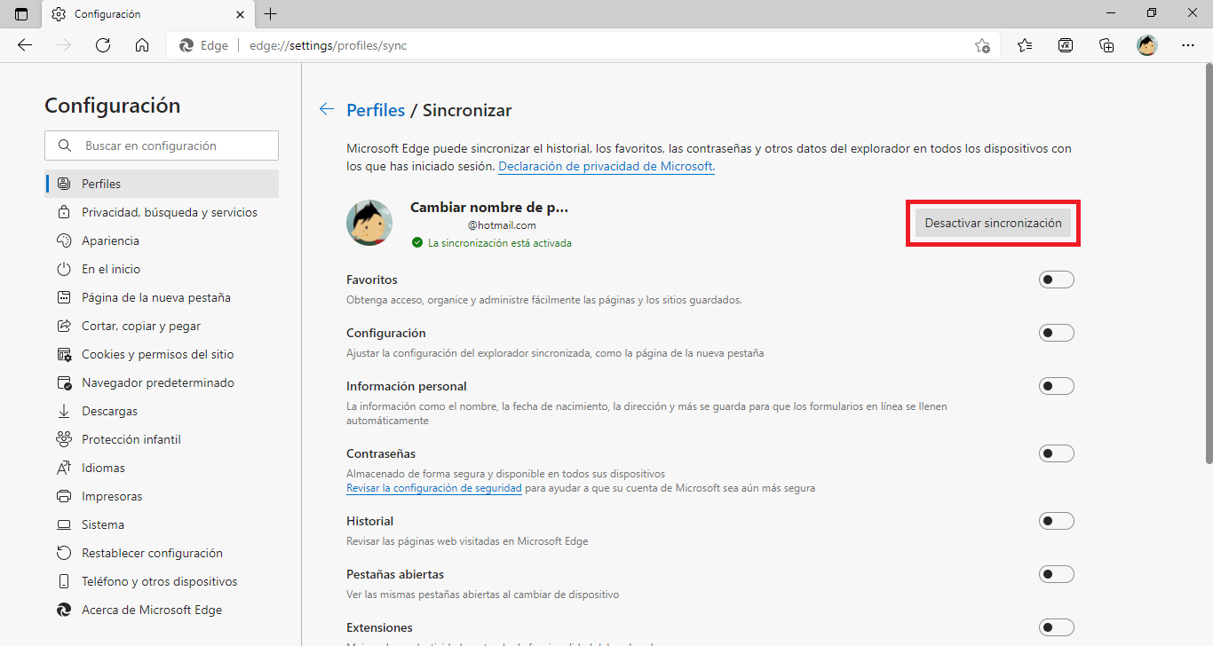 como desactivar por completo la sincronizacion del navegador microsoft edge