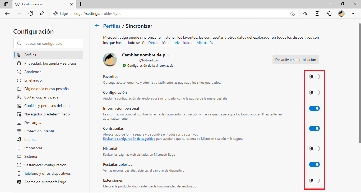 personalizar la configuracion de sincronizacion de microsoft edge