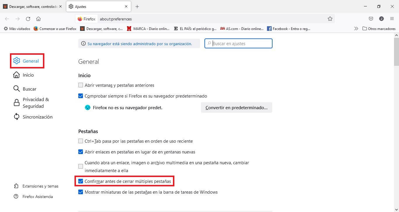 como activar la ventana de confirmacion de cierre de pestañas en Mozilla Firefox