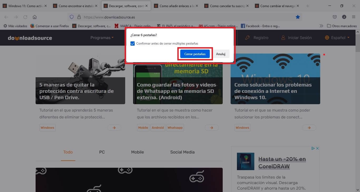 advertencia de cierre de las pestañas de firefox