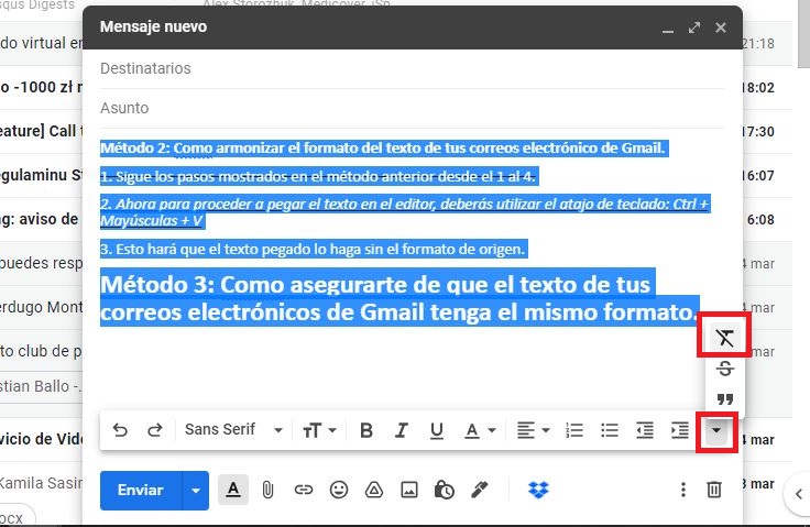 gmail permite igualar el formato de texto en los correos electronicos