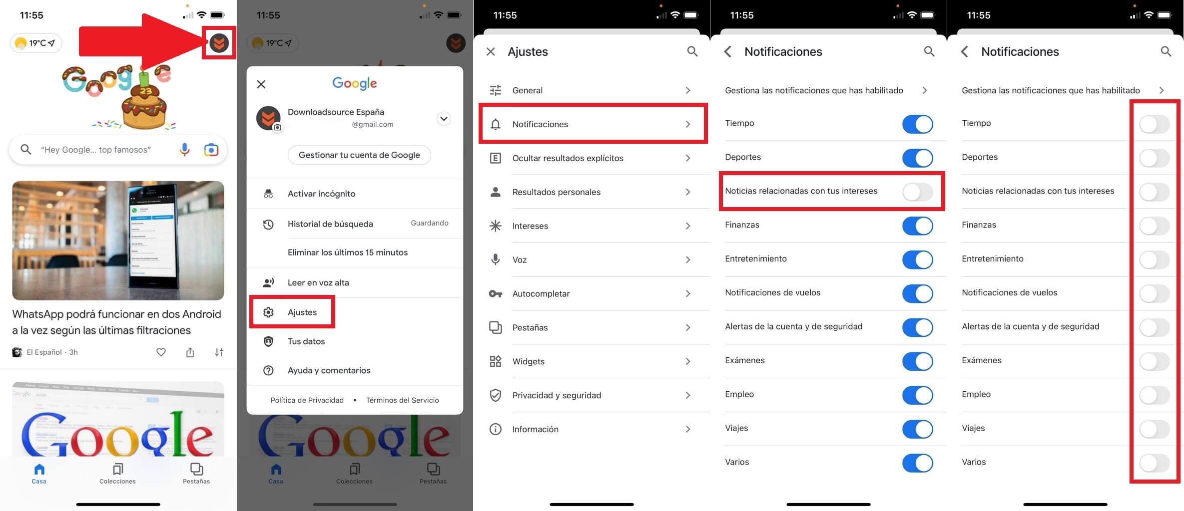 como desactivar las notificaciones de enlaces de la app google en iPhone o Android