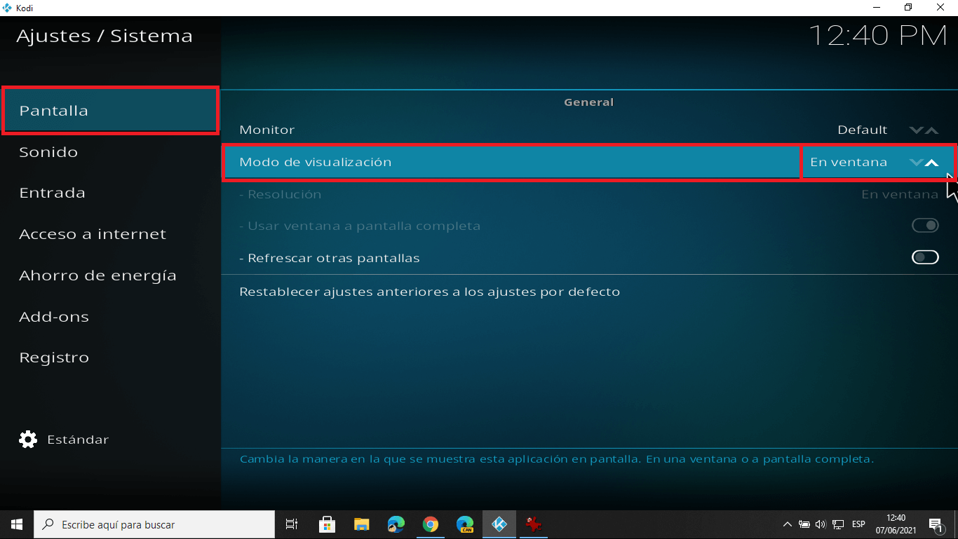 cambiar de tamaño de la ventana de Kodi en Windows 10