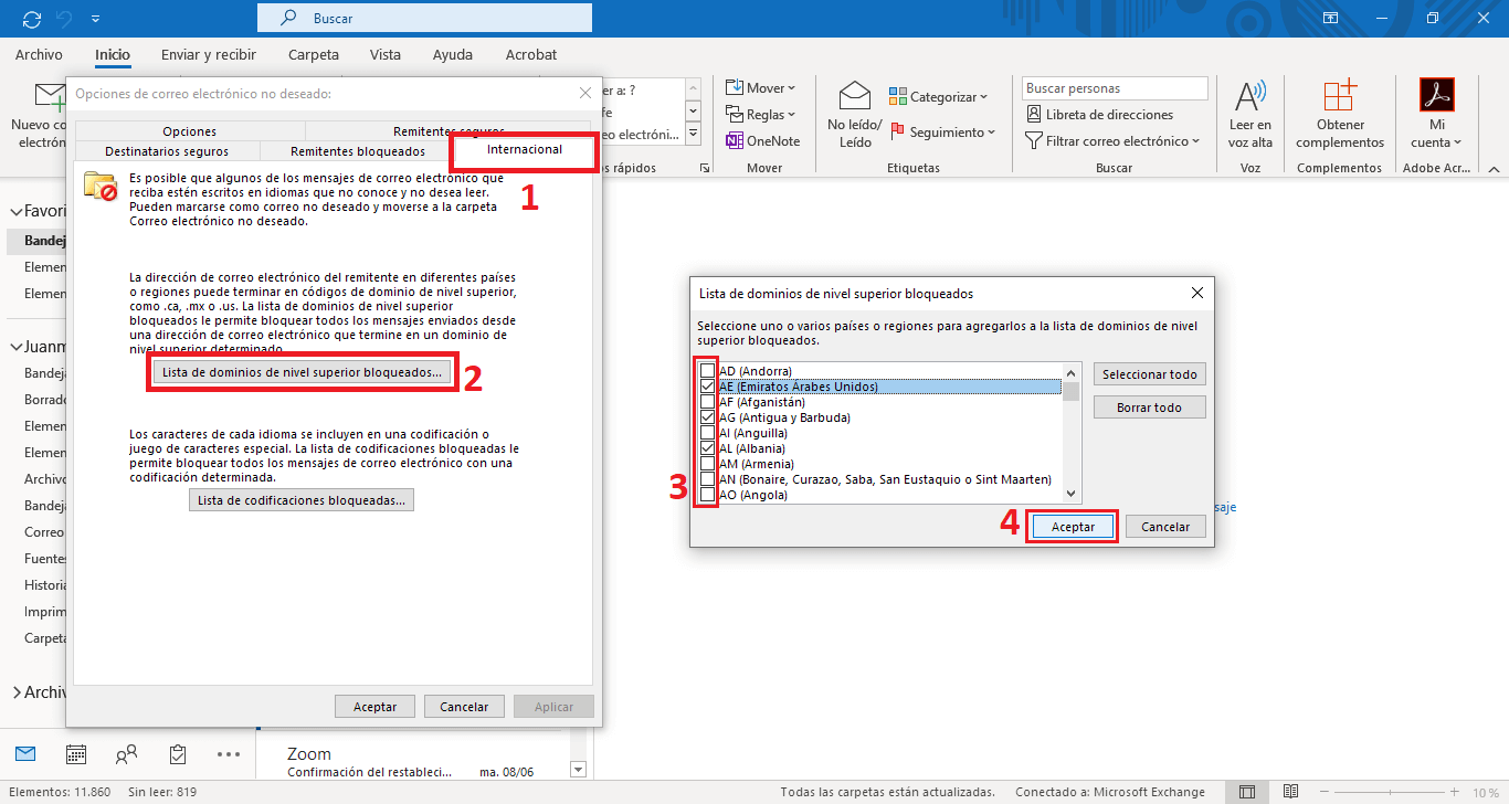 como bloquear los correos electronicos enviados desde un pais especifico.