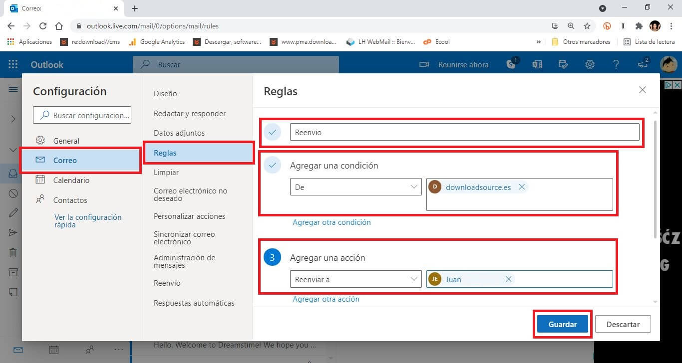 como activar el reenvio de los correos recividos de una direccion especifica a otra de forma automatica en outlook