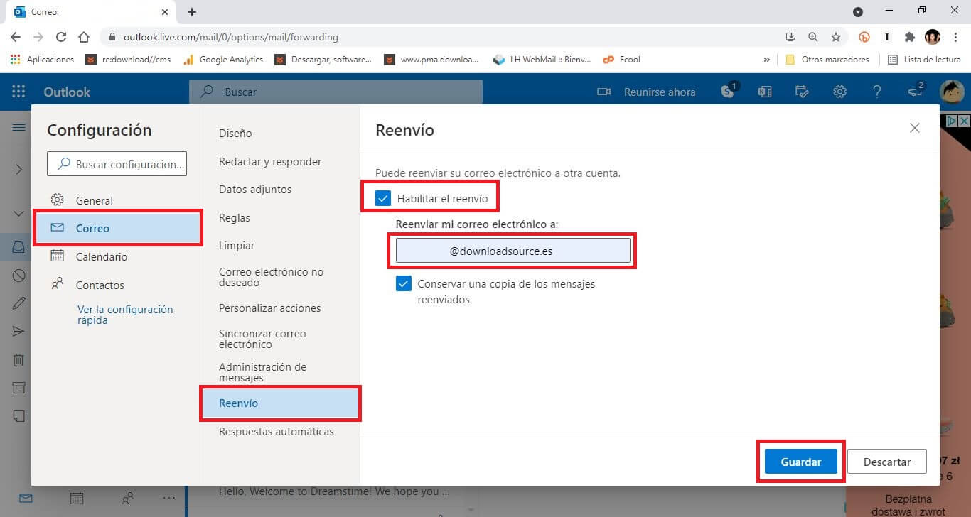 Outlook te permite reenviar todos los correos recibidos a una dirección de correo