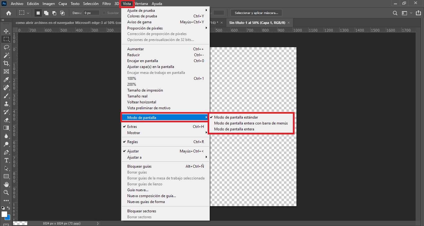 como intercambiar entre los diferentes modos de pantalla de photoshop